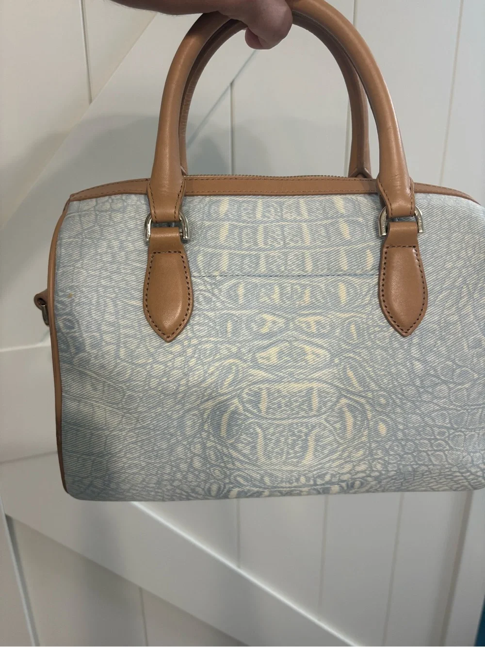 Brahmin Denim Light Blue Croc-Print Satchel Tote with Tan Trim HTF!